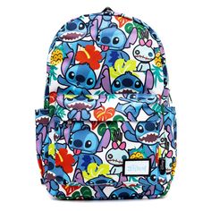 WondaPop Disney Nylon Backpacks are known for their whimsical Disney prints and designs. This beautiful, colorful backpack features coolartistic renderings of Stitch along with all his tropical trimmings. This is truly a beautiful art piece! The bag hasfabric straps for putting pins on. Stitch With Scrump, Disney Prints, Notebook Sleeve, Peter Pan And Tinkerbell, Loungefly Bag, Colorful Backpacks, Disney Bag, Disney Lilo, Mickey Mouse And Friends