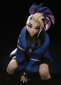 an anime character with purple hair and blue eyes sitting on the ground in front of a black background