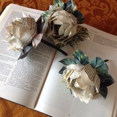 two paper flowers sitting on top of an open book