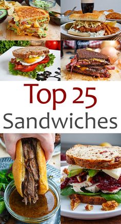 the top 25 sandwiches are shown in this collage