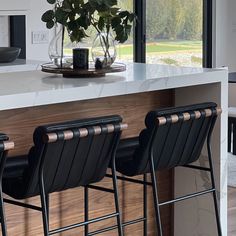 three bar stools sit in front of a counter with a potted plant on it