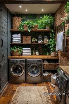 a washer and dryer in a small room with plants on the shelves above