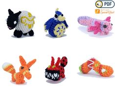 small crocheted animals are shown in different colors