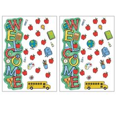 two wall decals with the words welcome home and school bus