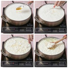 four pictures show how to make rice in a pot