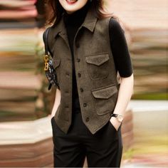 Trendy Fashion Women Suit Waistcoat Vest Cardigan Faux Wool Gilet Tank Sleeveless Jacket, Womens jacket Business Vest, Vest Jackets, Woman Office, Waistcoat Woman, Vintage Business, Collar Vest, Green Tweed, Jackets Women, Brown Shorts