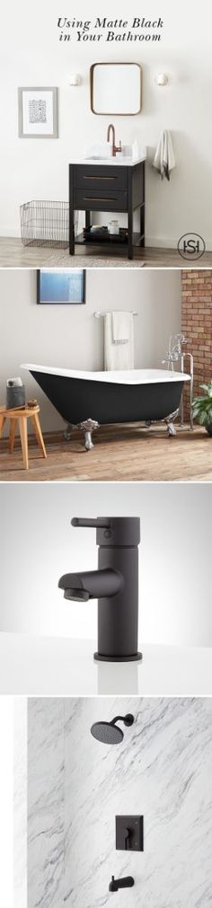 two different views of a bathtub and sink in a bathroom with white marble walls