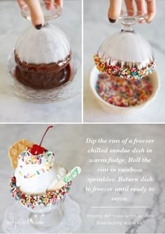 three different pictures showing how to make an ice cream sundae with sprinkles