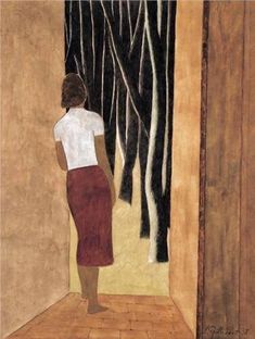 a painting of a woman standing in an open doorway looking out at the trees outside