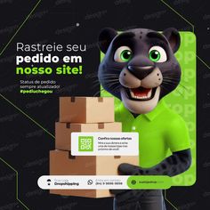 the character is holding two boxes and smiling at the camera while wearing a green shirt