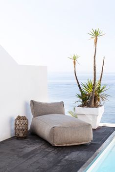 an outdoor lounge chair next to a swimming pool with a potted plant in the corner