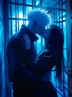 a man and woman kissing in front of a blue wall with bars on the sides