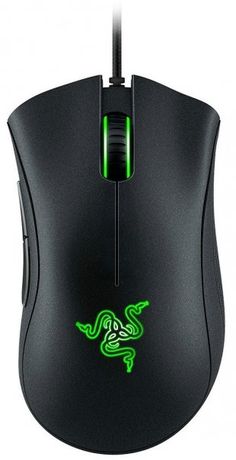 a computer mouse with a green light on it's side and the words razer written in cursive writing