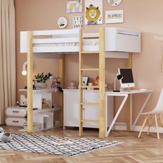 a white loft bed sitting next to a desk in a room with pink walls and wooden floors