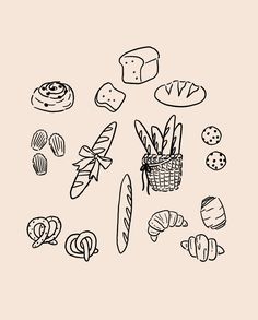 a drawing of breads and pastries on a beige background