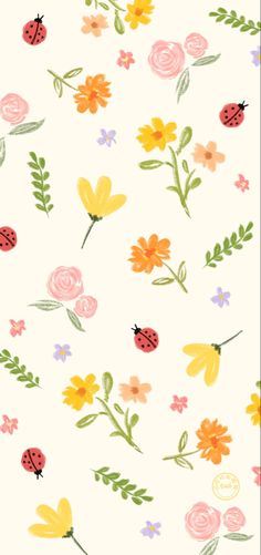 a white background with flowers and ladybugs on it