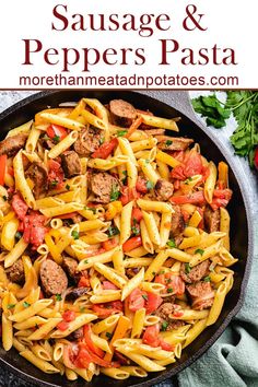 sausage and peppers pasta in a skillet