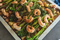 shrimp, broccoli and potatoes on a sheet pan