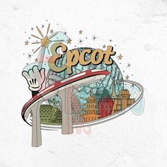 the epcot logo is shown on top of a white background with stars and buildings