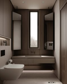 a modern bathroom with wooden cabinets and a white bathtub in the center, along with a large window