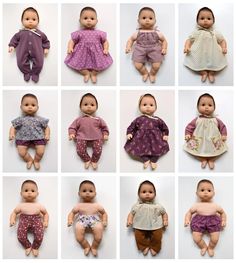 many dolls are shown with different outfits and clothes for their babies to wear on them