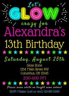 glow birthday party flyer with stars and neon colors on the black background, it's time to celebrate