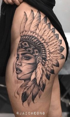 chic and sexy tattoo for women Woman Tattoo Sleeve Black And White, Indian Hip Tattoo, Taino Indian Tattoo, Native Woman Tattoo, Indian Girl Tattoo, Tattoo Indien, Indian Headdress Tattoo, Indian Women Tattoo, Tattoo Bein Frau