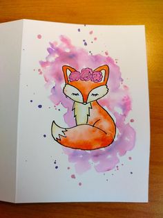 a card with an image of a fox wearing a bow on it's head