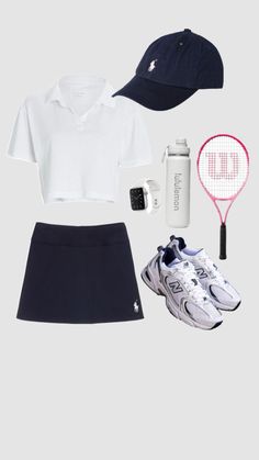 a tennis outfit is shown with shoes, water bottle and racket on the side