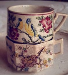 two coffee cups with birds painted on them