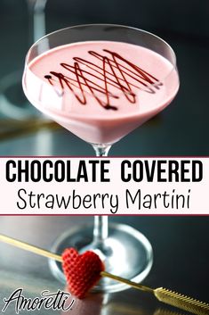 chocolate covered strawberry martini in a coupe glass with strawberries on the rim and text overlay that reads, chocolate covered strawberry martini