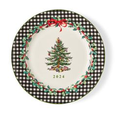 a black and white plate with a christmas tree on it