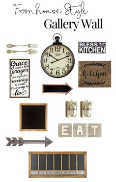 a collage of kitchen signs, clocks and other items