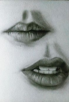 pencil drawing of two women's lips and one has teeth on the other side