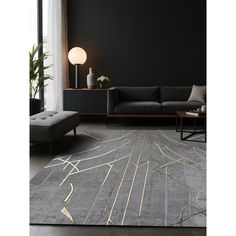 a modern living room with black walls and grey carpeted area rugs on the floor