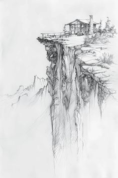 a drawing of a house on top of a cliff