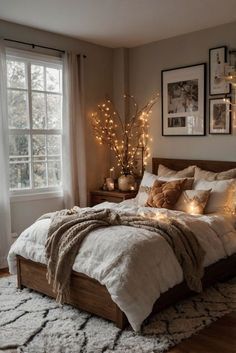 a bedroom with lights on the windows and a bed