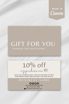 two gift cards with the words, thank you for your support and 10 % off