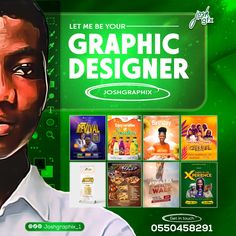 an ad for graphic designer, with the image of a man in white shirt and green background