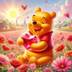 a cartoon winnie the pooh holding a present in a field with flowers and butterflies