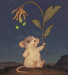 a little mouse holding onto a plant in the middle of a night sky with two green eyes