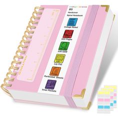 a pink binder with different colored labels on the front and back side, next to each other