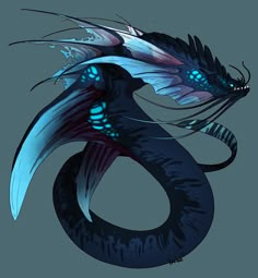 a blue and black dragon with wings on it's back