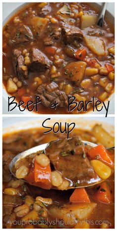 beef and barley soup in a white bowl with a ladle full of beans on the side