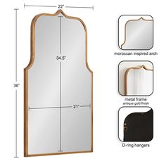 an image of a mirror with measurements for the top and bottom section, along with other items