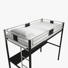 a bunk bed with two white pillows on top and black metal frame around the bottom