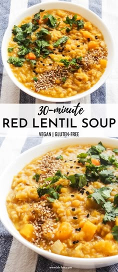 two white bowls filled with red lentil soup