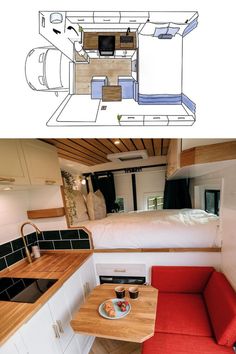 an image of a kitchen and living room in a tiny house on wheels that is built into the side of a trailer