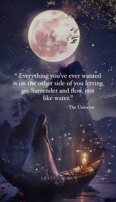 a woman in a boat floating on the water with a full moon behind her and an inspirational quote above it