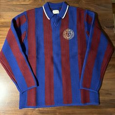 Aime Leon Dore Ald Long-Sleeve Knit Stripe Soccer Jersey Sweater In Merlot/Royal Size Large Teddy Santis Queens Nyc. Brand New With Tags. 100% Authentic Guaranteed. Fast And Free Shipping Maroon & Blue Knit Jersey Striped Pattern Throughout Embroidered Logo At Left Front Full Needle Ribbed Collar Tubular Jersey Hem & Cuffs 100% Cotton Dry Clean Only Made In China Blue Knitted Wool Tops, Blue Wool Long Sleeve Tops, Navy Knitted Long Sleeve Top, Blue Wool Tops With Ribbed Cuffs, Teddy Santis, Queens Nyc, Leon Dore, Jersey Sweater, Classic Clothing